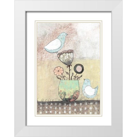 Birds Together - Floral White Modern Wood Framed Art Print with Double Matting by Ogren, Sarah