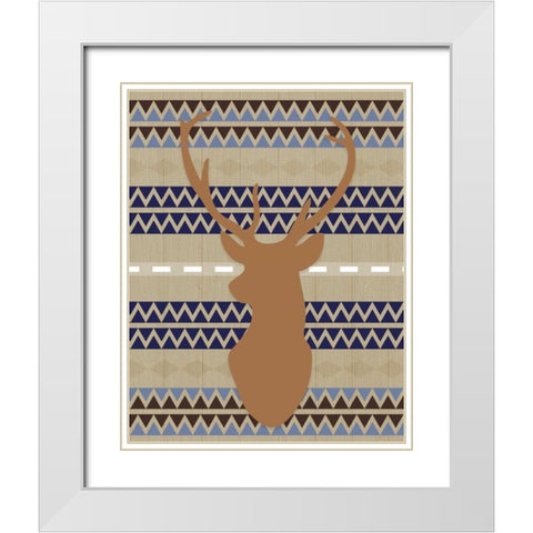 Orange Blue Tribal Deer White Modern Wood Framed Art Print with Double Matting by Moss, Tara