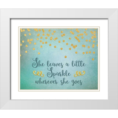 She Leaves a Little Sparkle - Teal White Modern Wood Framed Art Print with Double Matting by Moss, Tara