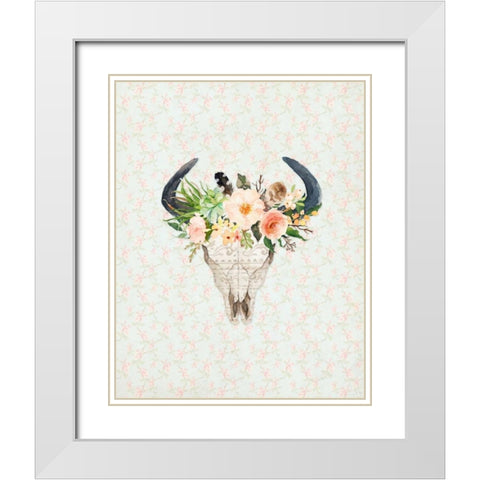 Bull Skull on Floral White Modern Wood Framed Art Print with Double Matting by Moss, Tara