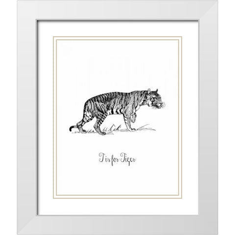 T is for Tiger White Modern Wood Framed Art Print with Double Matting by Moss, Tara