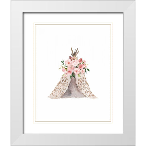 Pink Floral Tee Pee White Modern Wood Framed Art Print with Double Matting by Moss, Tara