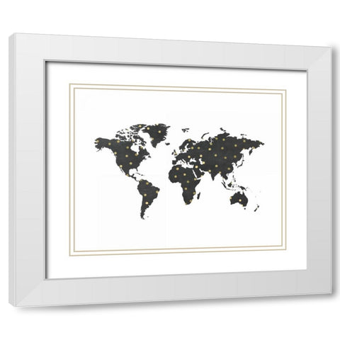 World Map Chalkboard and Dots White Modern Wood Framed Art Print with Double Matting by Moss, Tara