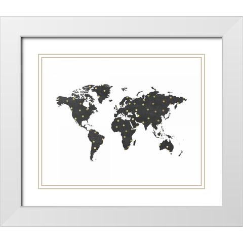 World Map Chalkboard and Dots White Modern Wood Framed Art Print with Double Matting by Moss, Tara