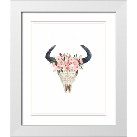 Pink Floral Bull Skull White Modern Wood Framed Art Print with Double Matting by Moss, Tara