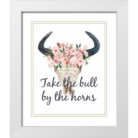 Pink Floral Bull Skull White Modern Wood Framed Art Print with Double Matting by Moss, Tara