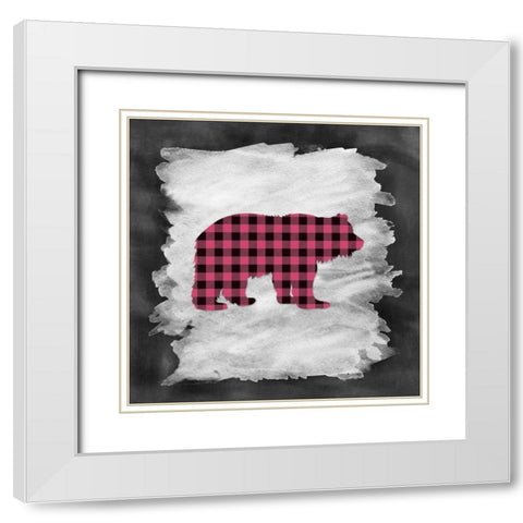 Pink Plaid Bear White Modern Wood Framed Art Print with Double Matting by Moss, Tara