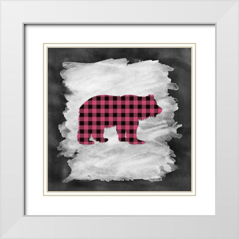 Pink Plaid Bear White Modern Wood Framed Art Print with Double Matting by Moss, Tara