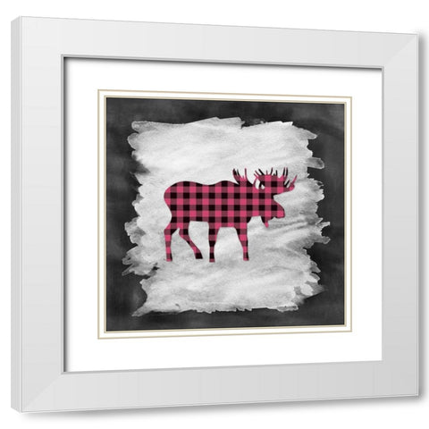 Pink Plaid Moose White Modern Wood Framed Art Print with Double Matting by Moss, Tara