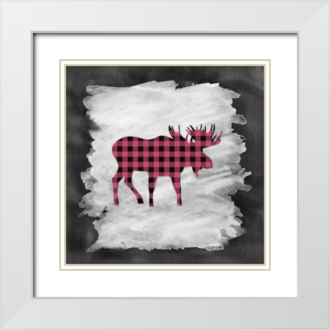 Pink Plaid Moose White Modern Wood Framed Art Print with Double Matting by Moss, Tara