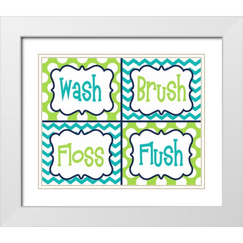 Wash, Brush, Floss, Flush  Green White Modern Wood Framed Art Print with Double Matting by Robinson, Tamara