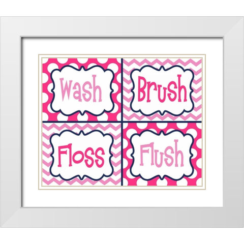 Wash, Brush, Floss, Flush Pink White Modern Wood Framed Art Print with Double Matting by Robinson, Tamara