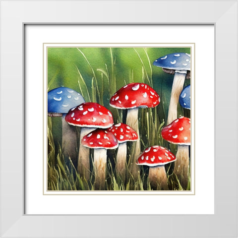 Blue and Red Mushrooms White Modern Wood Framed Art Print with Double Matting by Dundon, Denise