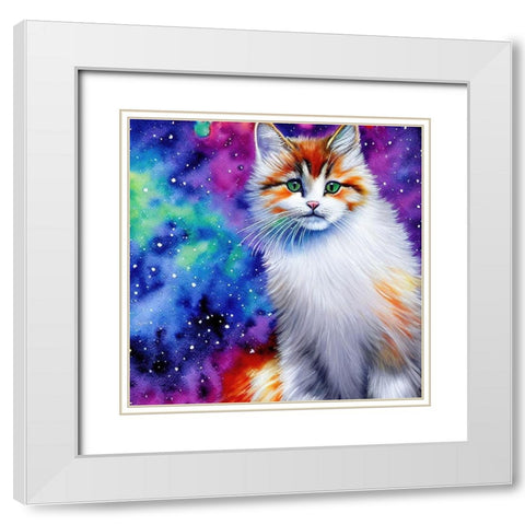 Galaxy Cat White Modern Wood Framed Art Print with Double Matting by Dundon, Denise