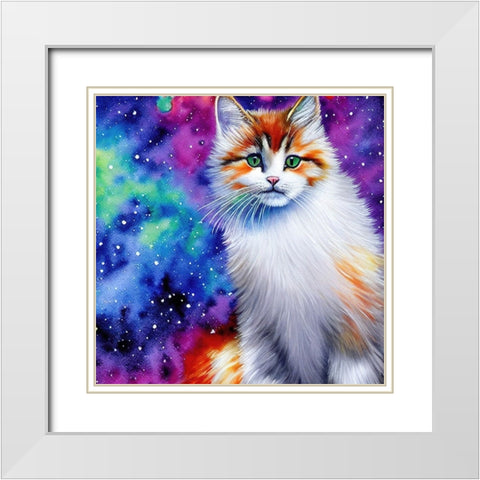 Galaxy Cat White Modern Wood Framed Art Print with Double Matting by Dundon, Denise