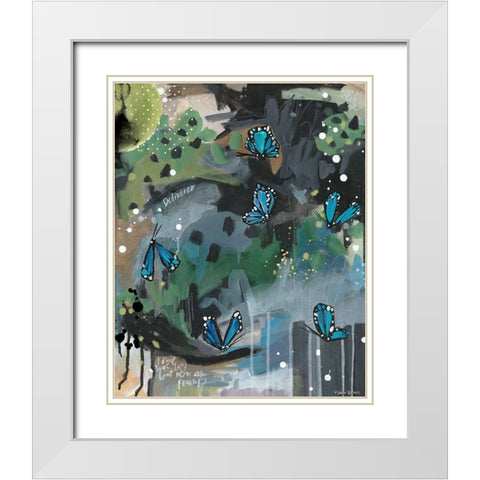 Blue Butterflies White Modern Wood Framed Art Print with Double Matting by Wieners, Valerie