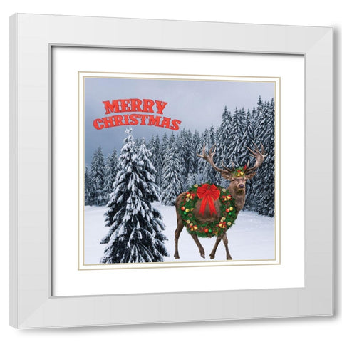 Moose Christmas White Modern Wood Framed Art Print with Double Matting by Burney, Yvonne Coleman