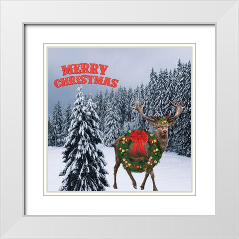 Moose Christmas White Modern Wood Framed Art Print with Double Matting by Burney, Yvonne Coleman