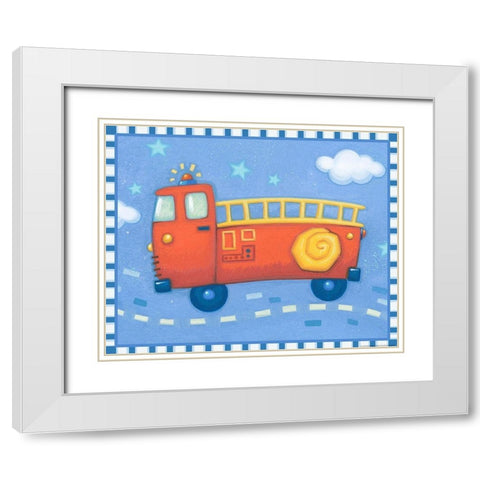 Blue Firetruck White Modern Wood Framed Art Print with Double Matting by Yellow Cafe