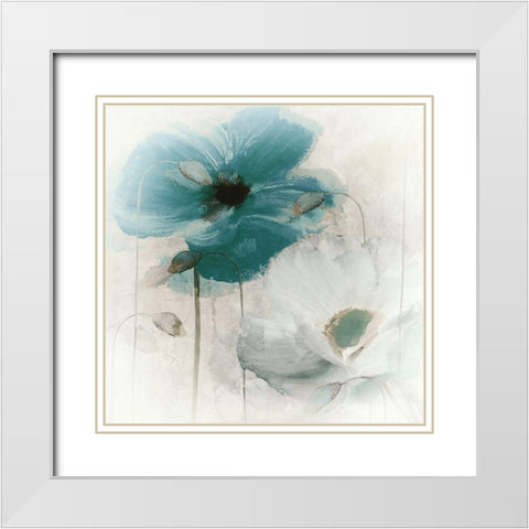 Teal Poppies I White Modern Wood Framed Art Print with Double Matting by Sommers, Mindy