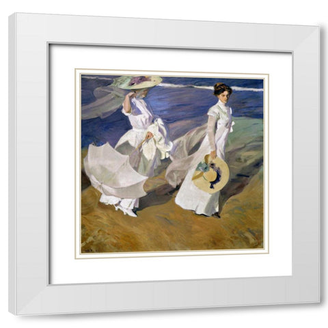 Strolling along the Seashore White Modern Wood Framed Art Print with Double Matting by Sorolla y Bastida, Joaquin