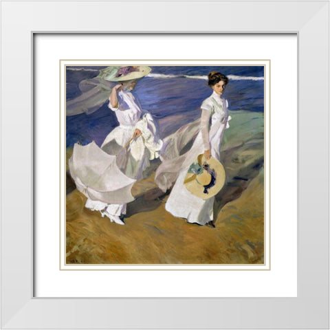 Strolling along the Seashore White Modern Wood Framed Art Print with Double Matting by Sorolla y Bastida, Joaquin