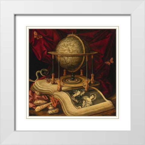 Still Life with Celestial Globe, a Book, Shells, a Snake and Butterflies  White Modern Wood Framed Art Print with Double Matting by Luyckx, Carstian