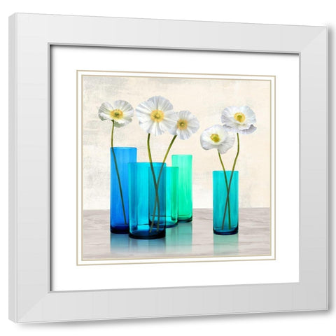 Poppies in crystal vases (Aqua I) White Modern Wood Framed Art Print with Double Matting by Cynthia, Ann