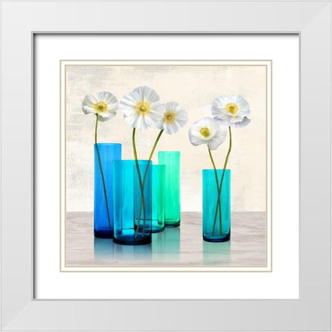 Poppies in crystal vases (Aqua I) White Modern Wood Framed Art Print with Double Matting by Cynthia, Ann