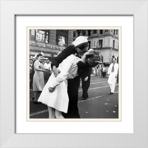 Kissing the War Goodbye in Times Square 1945 White Modern Wood Framed Art Print with Double Matting by Jorgensen, Victor