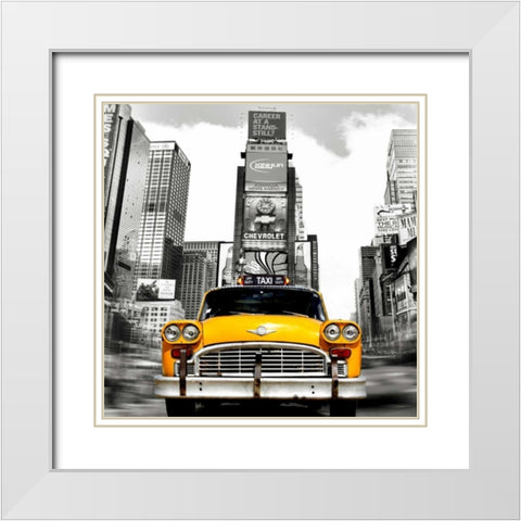 Vintage Taxi in Times Square, NYC (detail) White Modern Wood Framed Art Print with Double Matting by Lauren