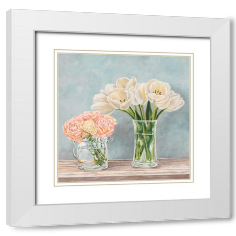 Fleurs et Vases Aquamarine I White Modern Wood Framed Art Print with Double Matting by Dellal, Remy