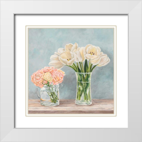 Fleurs et Vases Aquamarine I White Modern Wood Framed Art Print with Double Matting by Dellal, Remy