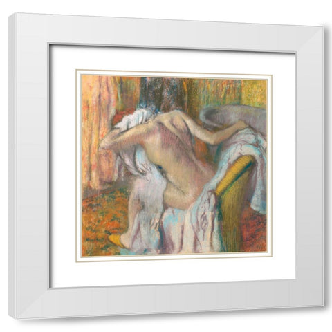 After the Bath- Woman Drying Herself White Modern Wood Framed Art Print with Double Matting by Degas, Edgar