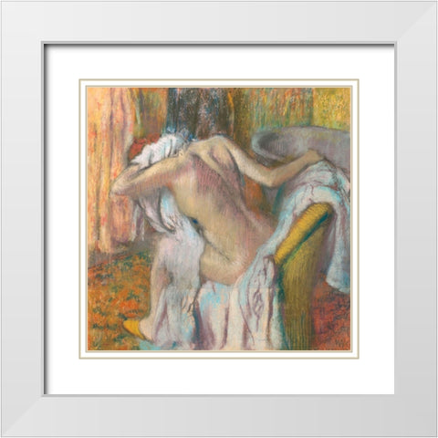 After the Bath- Woman Drying Herself White Modern Wood Framed Art Print with Double Matting by Degas, Edgar