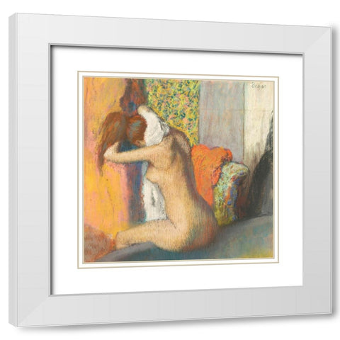 Apres le Bain- Femme Sessuyant la Nuque White Modern Wood Framed Art Print with Double Matting by Degas, Edgar