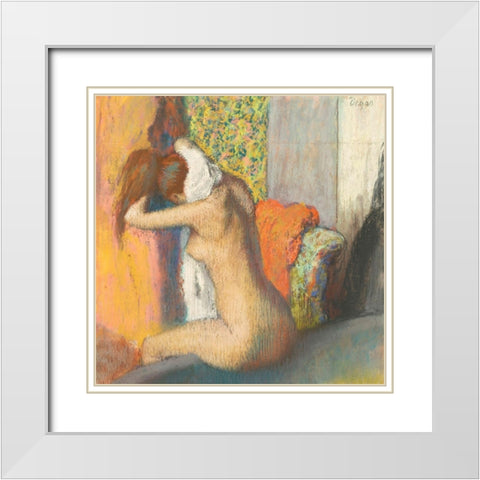 Apres le Bain- Femme Sessuyant la Nuque White Modern Wood Framed Art Print with Double Matting by Degas, Edgar