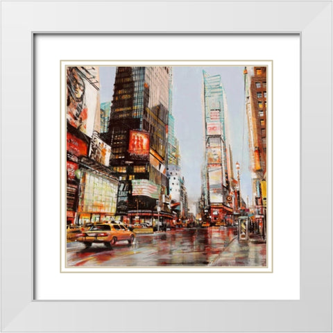 Taxi in Times Square White Modern Wood Framed Art Print with Double Matting by Mannarini, John B.