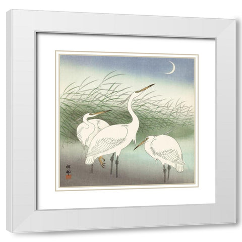 Herons in shallow water White Modern Wood Framed Art Print with Double Matting by Koson, Ohara