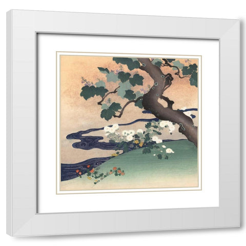 Tree, Stream and Flowers White Modern Wood Framed Art Print with Double Matting by Kogyo, Tsukioka