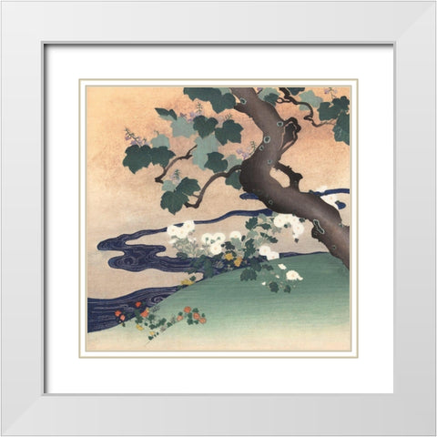 Tree, Stream and Flowers White Modern Wood Framed Art Print with Double Matting by Kogyo, Tsukioka