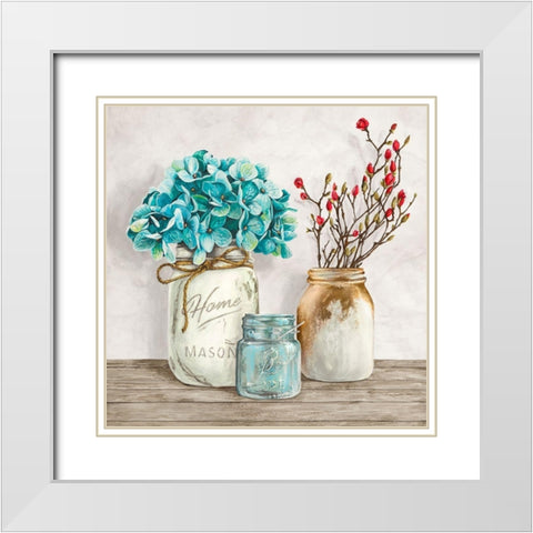 Floral composition with Mason Jars I White Modern Wood Framed Art Print with Double Matting by Jenny, Thomlinson