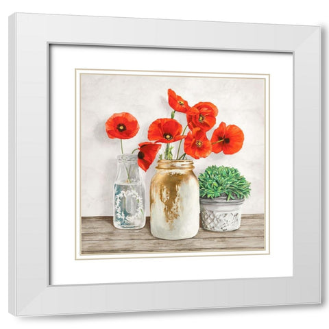 Floral composition with Mason Jars II White Modern Wood Framed Art Print with Double Matting by Jenny, Thomlinson