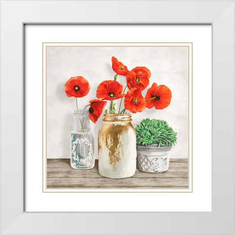 Floral composition with Mason Jars II White Modern Wood Framed Art Print with Double Matting by Jenny, Thomlinson
