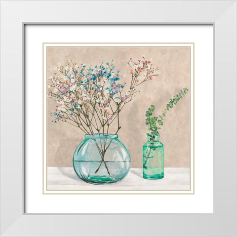 Floral setting with glass vases I White Modern Wood Framed Art Print with Double Matting by Thomlison, Jenny