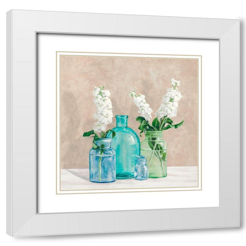 Floral setting with glass vases II White Modern Wood Framed Art Print with Double Matting by Thomlison, Jenny