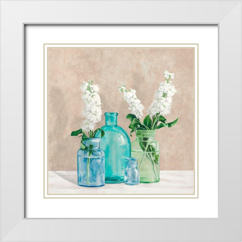 Floral setting with glass vases II White Modern Wood Framed Art Print with Double Matting by Thomlison, Jenny