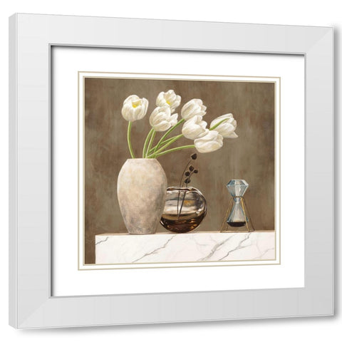 Floral Setting on White Marble I White Modern Wood Framed Art Print with Double Matting by Thomlinson, Jenny