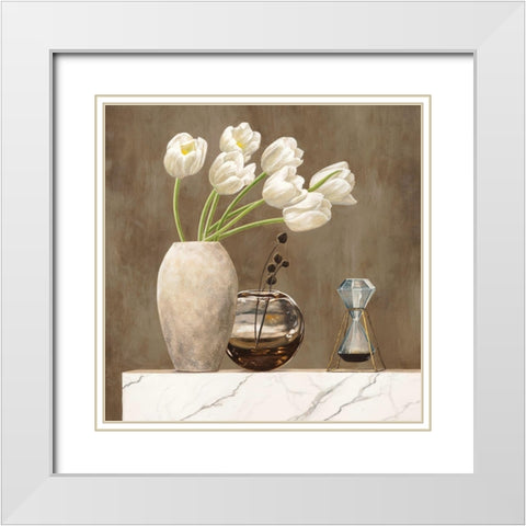 Floral Setting on White Marble I White Modern Wood Framed Art Print with Double Matting by Thomlinson, Jenny
