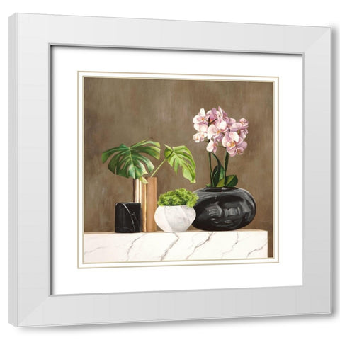 Floral Setting on White Marble II White Modern Wood Framed Art Print with Double Matting by Thomlinson, Jenny